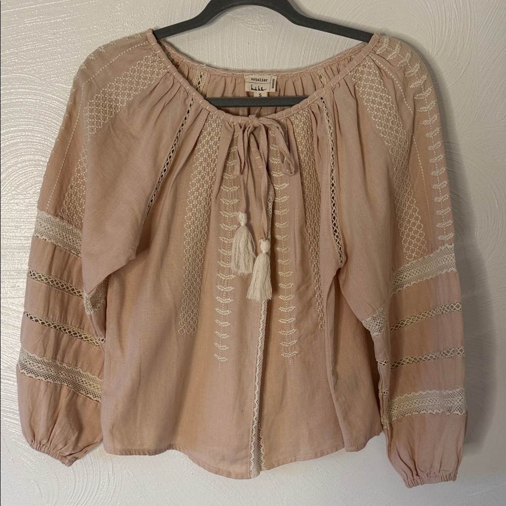 Nicole Miller Artelier Cotton Boho Cottagecore Peasant Blouse Womens Size Small.